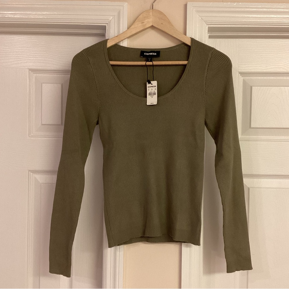 Express Olive Green Ribbed Scoop Neck Sweater